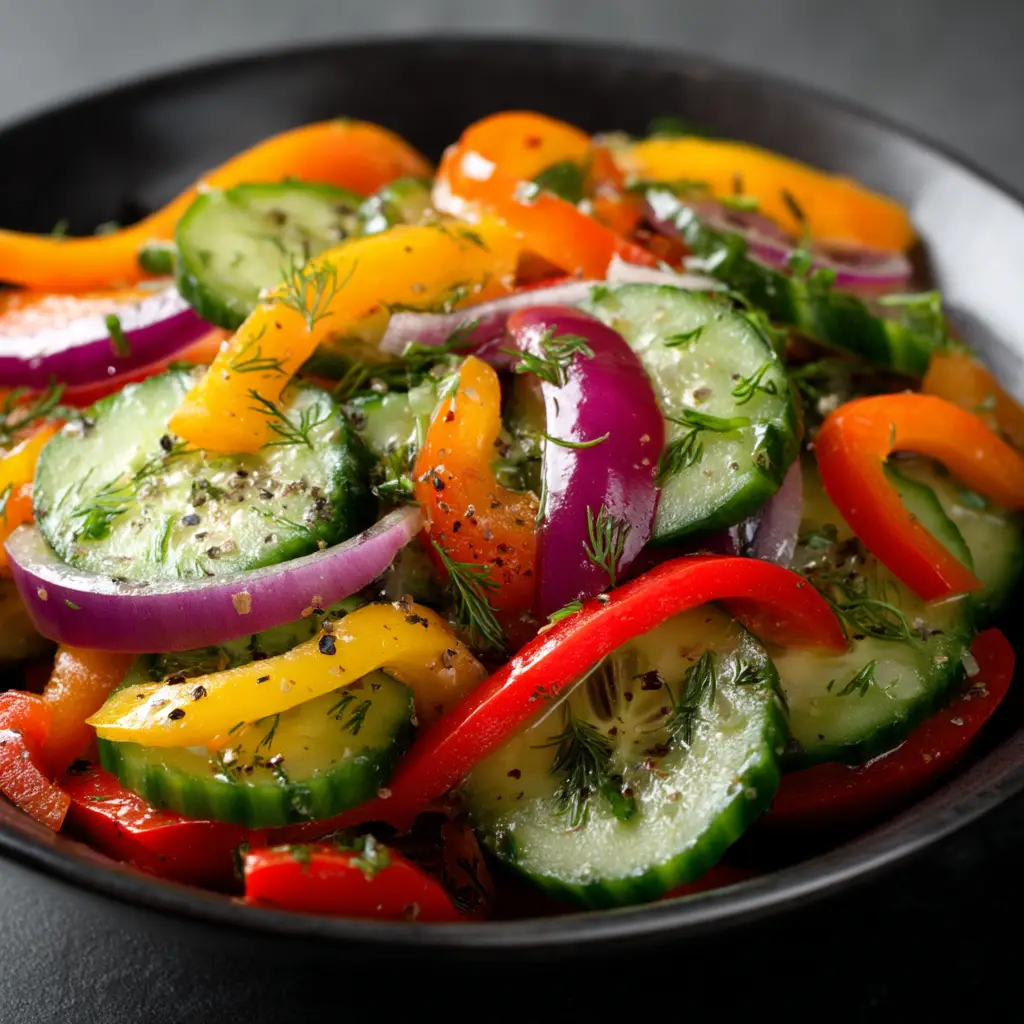 A serving of the healthy bell pepper salad being scooped from a large bowl, ready to be eaten as a side dish.