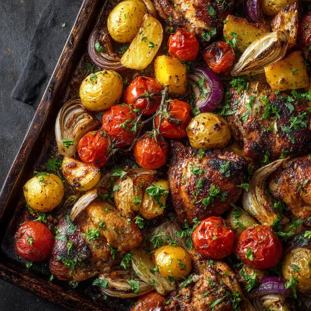Sheet Pan Balsamic Chicken (Easy & Flavorful!) 1 The ingredients for the healthy sheet pan dinner, including chicken chunks, broccoli, peppers, and onion, being tossed in balsamic marinade.