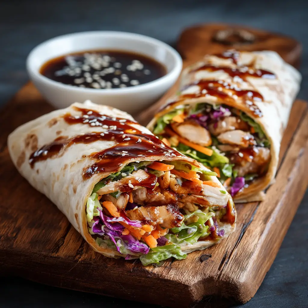 Teriyaki Chicken Wrap: Easy, Healthy & Ready in 30 Minutes 2 Two finished teriyaki chicken wraps on a wooden board, garnished with sesame seeds and fresh herbs. The perfect healthy chicken wrap.