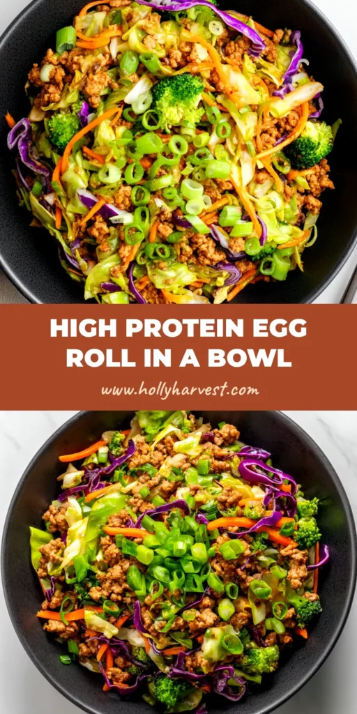 A delicious High Protein Egg Roll in a Bowl served in a white bowl, drizzled with creamy sriracha sauce and garnished with sesame seeds. The perfect healthy and easy meal.