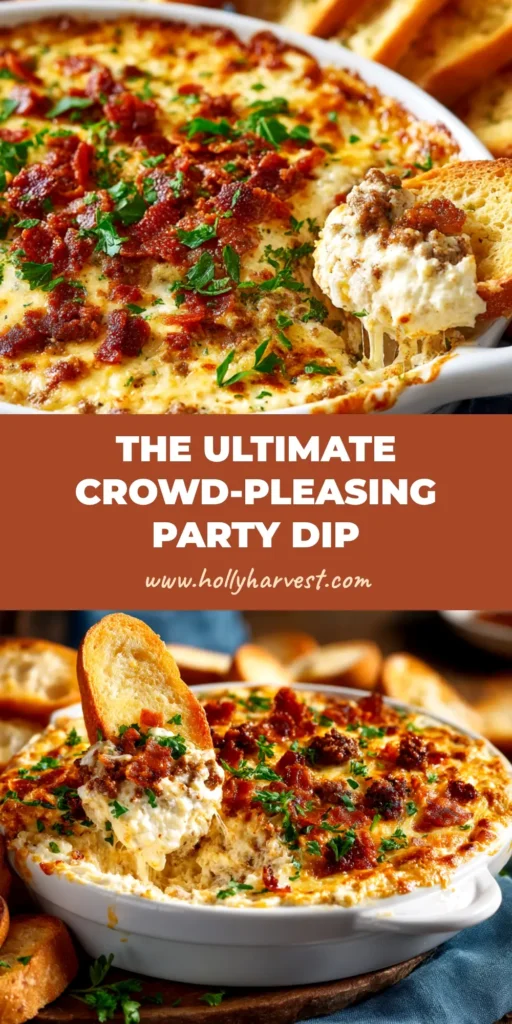 A shareable pin image of Hissy Fit Dip, a creamy baked sausage and cheese appetizer, with a text overlay for Pinterest.