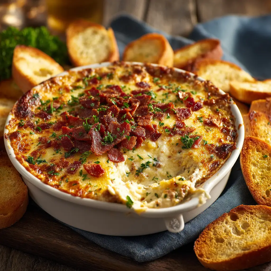 A scoop of savory sausage cheese dip being lifted from a baking dish with a tortilla chip, highlighting its gooey consistency.