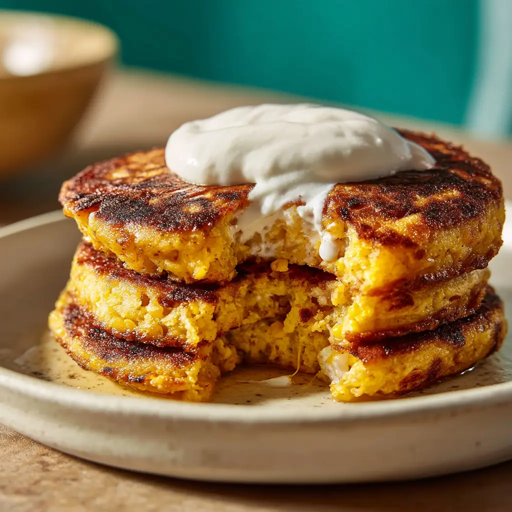 A stack of freshly cooked cachapas on a plate, showcasing their golden-brown color and homemade quality.