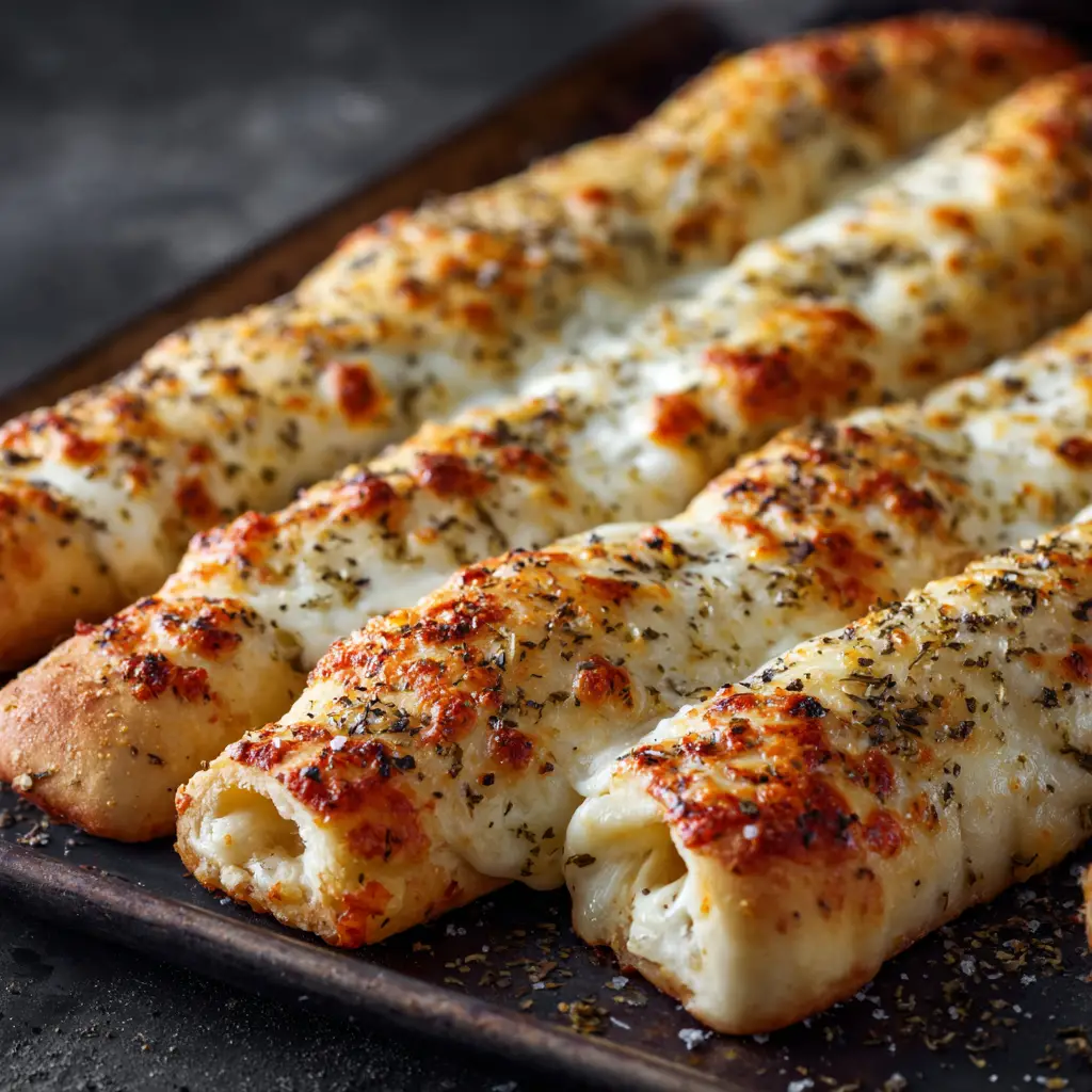 Cheesy Breadsticks Recipe (That's Better Than Takeout!) 2 An extreme close-up shot of homemade cheesy garlic breadsticks, with melted mozzarella and parmesan bubbling on top.