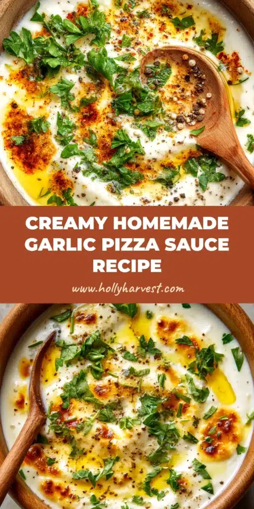 Homemade Garlic Pizza Sauce (Easy White Sauce Recipe) 3 A sharable pin image for homemade garlic pizza sauce showing a jar of creamy white sauce next to a freshly baked pizza.