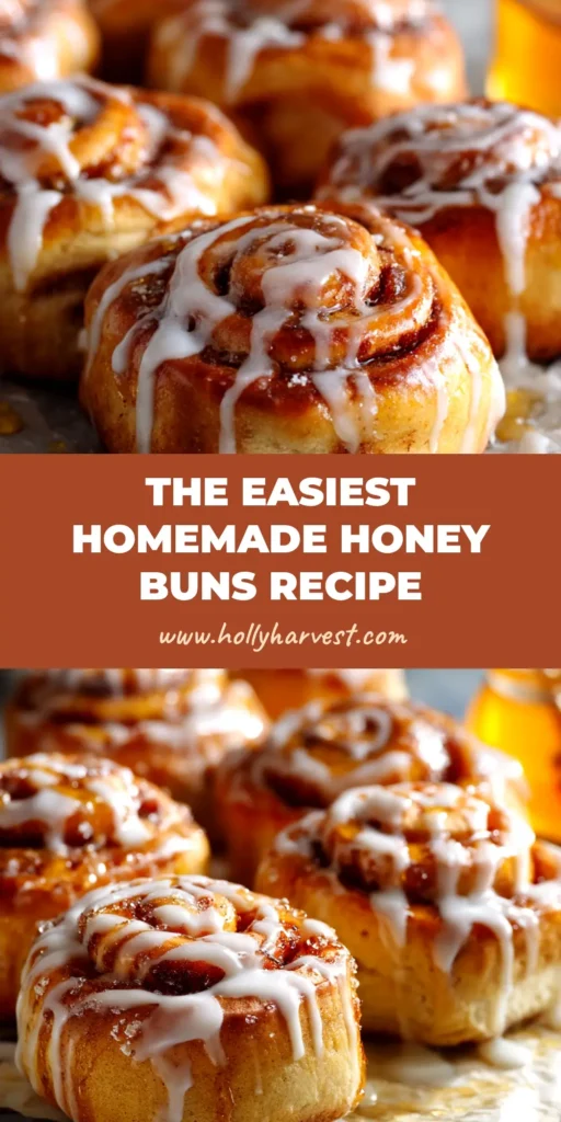 A close-up overhead shot of several freshly baked homemade honey buns in a pan, generously covered in a sticky honey glaze. The perfect recipe for sweet breakfast rolls.