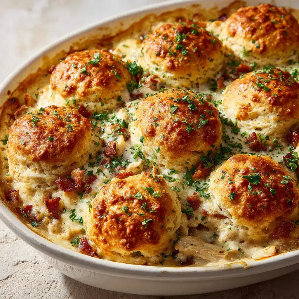 The full Chicken Biscuit Casserole fresh out of the oven, with steam rising from the golden biscuit topping.