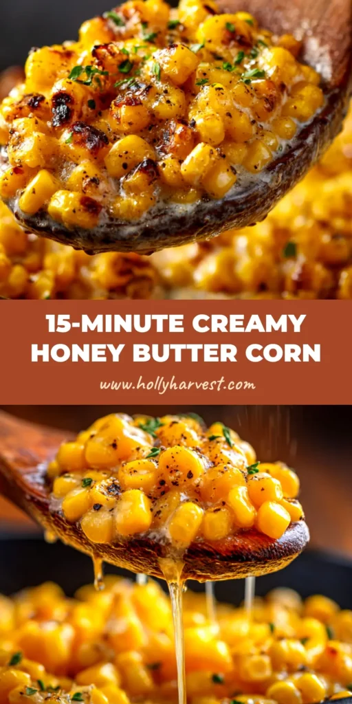 An overhead shot of honey butter skillet corn in a black cast iron skillet, garnished with fresh parsley. The perfect sweet and savory side dish recipe.
