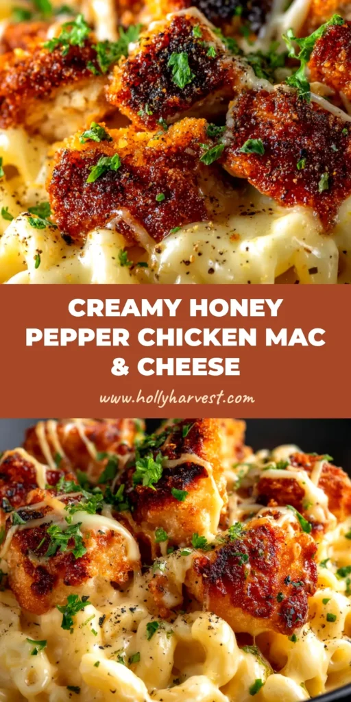 A delicious bowl of homemade honey pepper chicken mac and cheese, showcasing creamy cheese sauce and glazed chicken pieces, ready to be served.