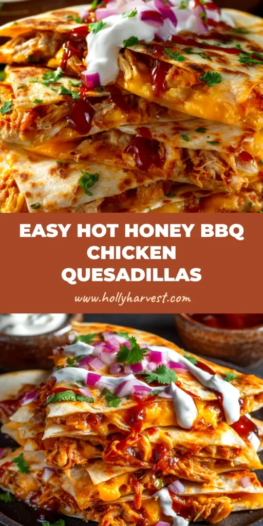 A delicious stack of Hot Honey BBQ Chicken Quesadillas cut into wedges, showing the cheesy, chicken-filled inside, with a side of sour cream for dipping.