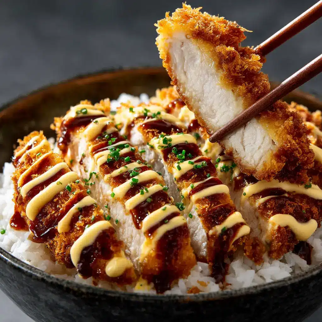 Assembling the Japanese Katsu Bowl, showing the katsu and egg mixture being placed over a bowl of fluffy white rice.