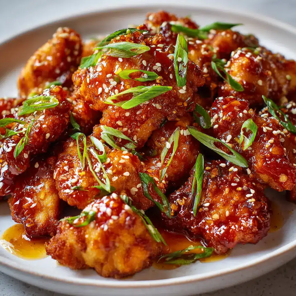 Thick sticky bright reddish-amber hot honey glaze dripping over crispy chicken.