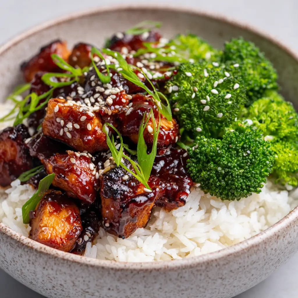 Pan-seared bite-sized chicken chunks coated in a thick dark mahogany teriyaki glaze.