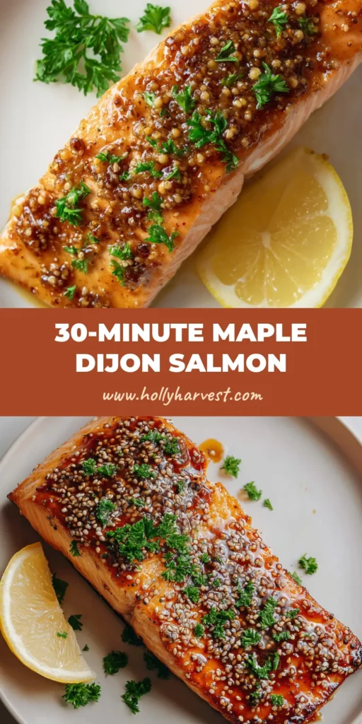 A close-up overhead shot of perfectly baked Maple Dijon Salmon with a glossy amber-brown glaze, flaky edges, whole grain mustard seeds, minced garlic, fresh parsley, and a lemon wedge on a white plate.