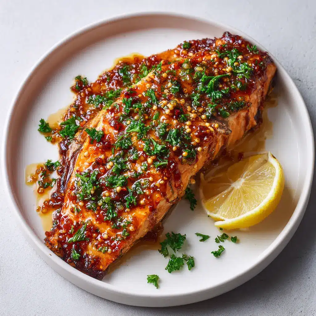 Maple Dijon Salmon baking on a parchment-lined sheet pan, showing distinct whole grain mustard seeds and small flecks of minced garlic embedded in the glaze.