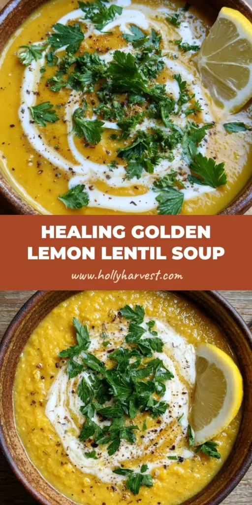 Healing Anti-Inflammatory Lentil Soup 4 A vibrant golden-yellow thick Anti-Inflammatory Lentil Soup pureed with turmeric, swirled with coconut cream, topped with chopped parsley and a lemon slice.