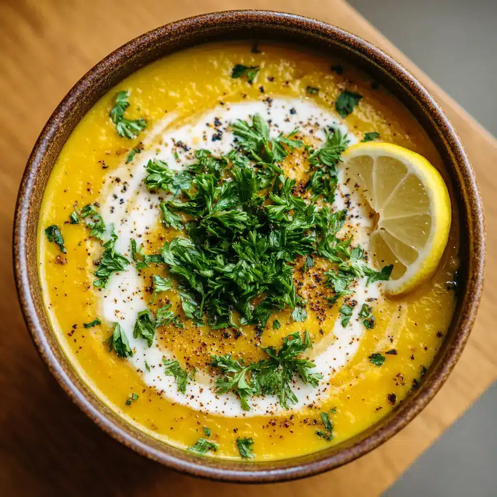 Healing Anti-Inflammatory Lentil Soup 2 Overhead view of pureed golden-yellow lentil soup ingredients including yellow lentils, fresh ginger, garlic, and bright turmeric powder.