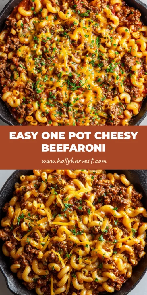 A rustic cast iron skillet full of homemade One Pot Beefaroni showing tender macaroni, rich deep-red tomato sauce, caramelized ground beef, melted yellow cheddar cheese, and fresh parsley garnish.
