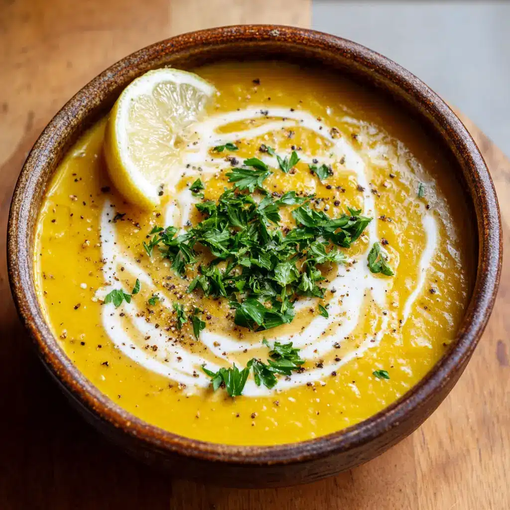 Healing Anti-Inflammatory Lentil Soup 1 A rustic ceramic bowl filled with slightly chunky, opaque turmeric lentil soup, garnished with a white coconut cream swirl, green parsley, and cracked black pepper.