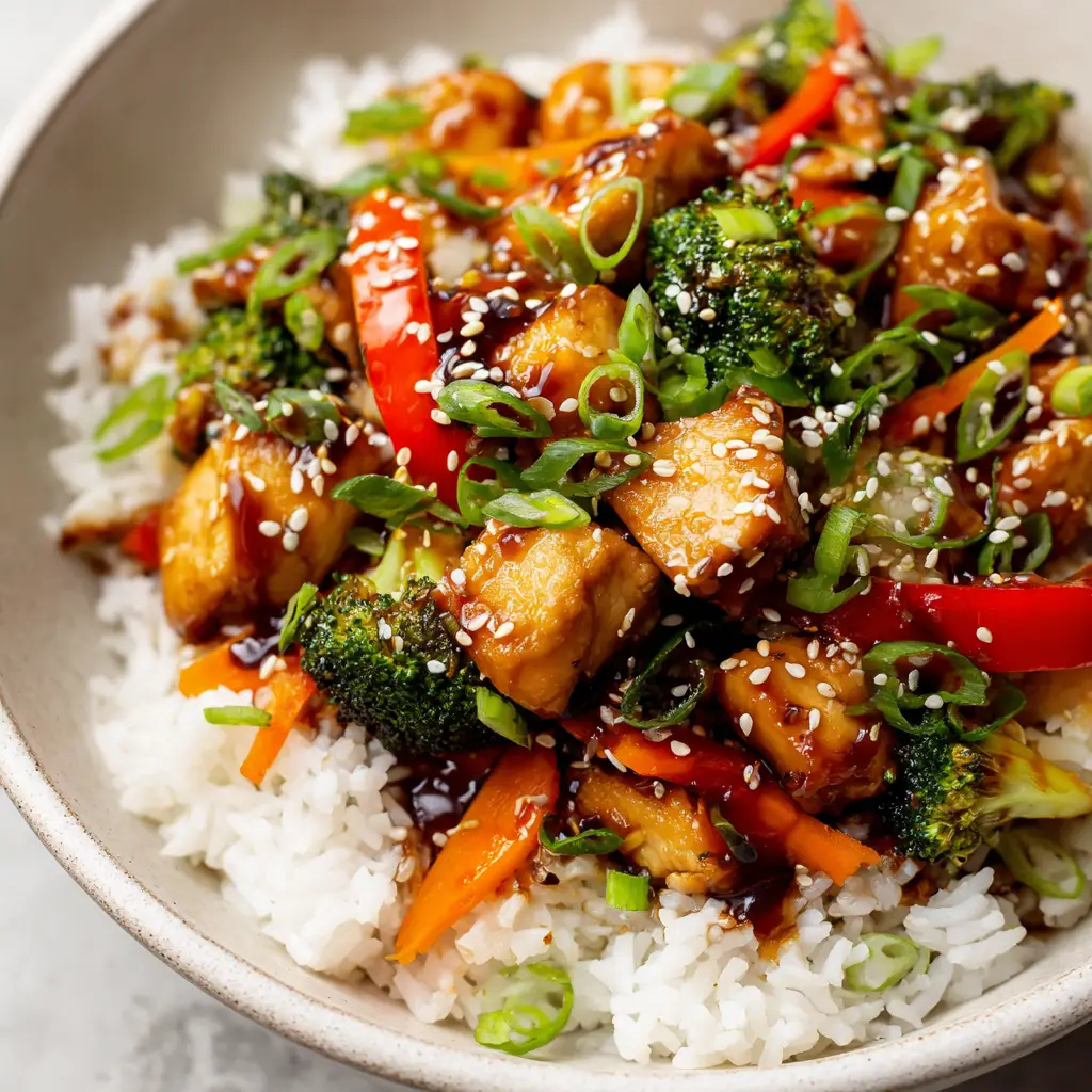 Thick, glossy, dark brown teriyaki sauce being mixed with golden-brown seared chicken and tender-crisp vegetables in a hot skillet.