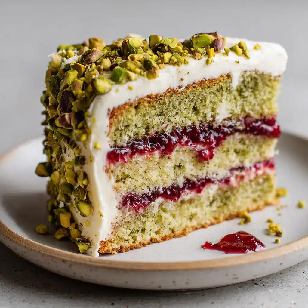 Close-up showing a decadent swoop of white mascarpone frosting encrusted with bright green roughly chopped roasted pistachios on a cake slice.