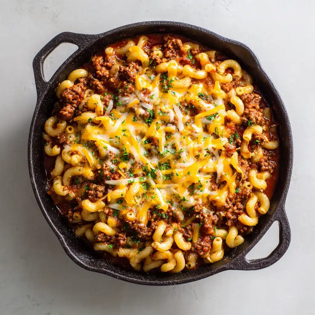 Tender elbow macaroni noodles glistening in tomato sauce with melted yellow cheddar cheese ribbons and chopped fresh green parsley.