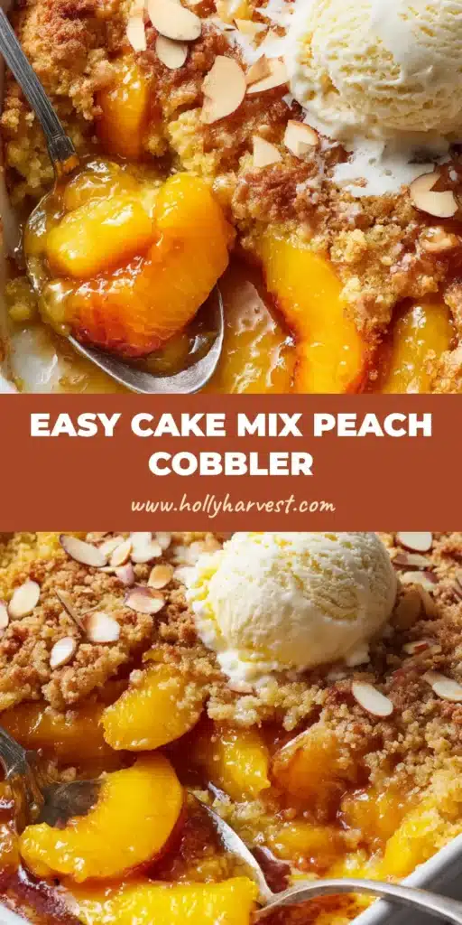 A close-up of a freshly baked Peach Cobbler Dump Cake in a white ceramic dish with a golden crust and vanilla ice cream.