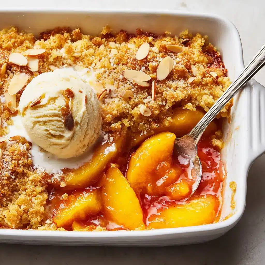 A silver serving spoon lifting a portion of Peach Cobbler Dump Cake to reveal gooey peach layers and crumbly crisp edges.