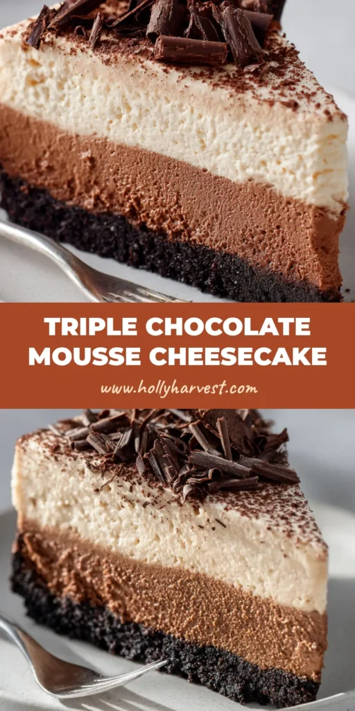 Decadent Triple Chocolate Cheesecake Recipe 4 A tall slice of decadent Triple Chocolate Cheesecake featuring a dark cookie crust, creamy dark chocolate center, and airy milk chocolate mousse.