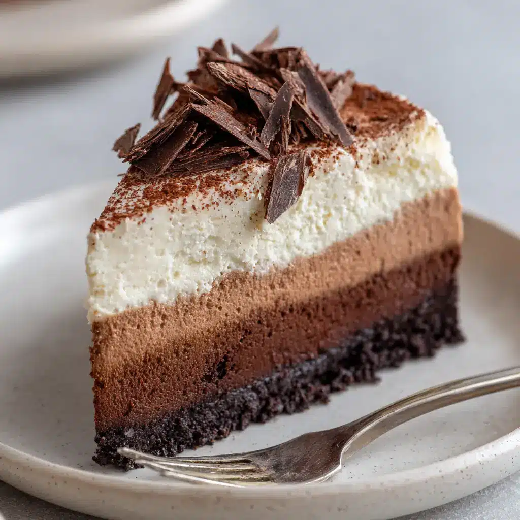 Decadent Triple Chocolate Cheesecake Recipe 2 Close-up of a thick slice of Triple Chocolate Cheesecake on a simple white ceramic dessert plate.