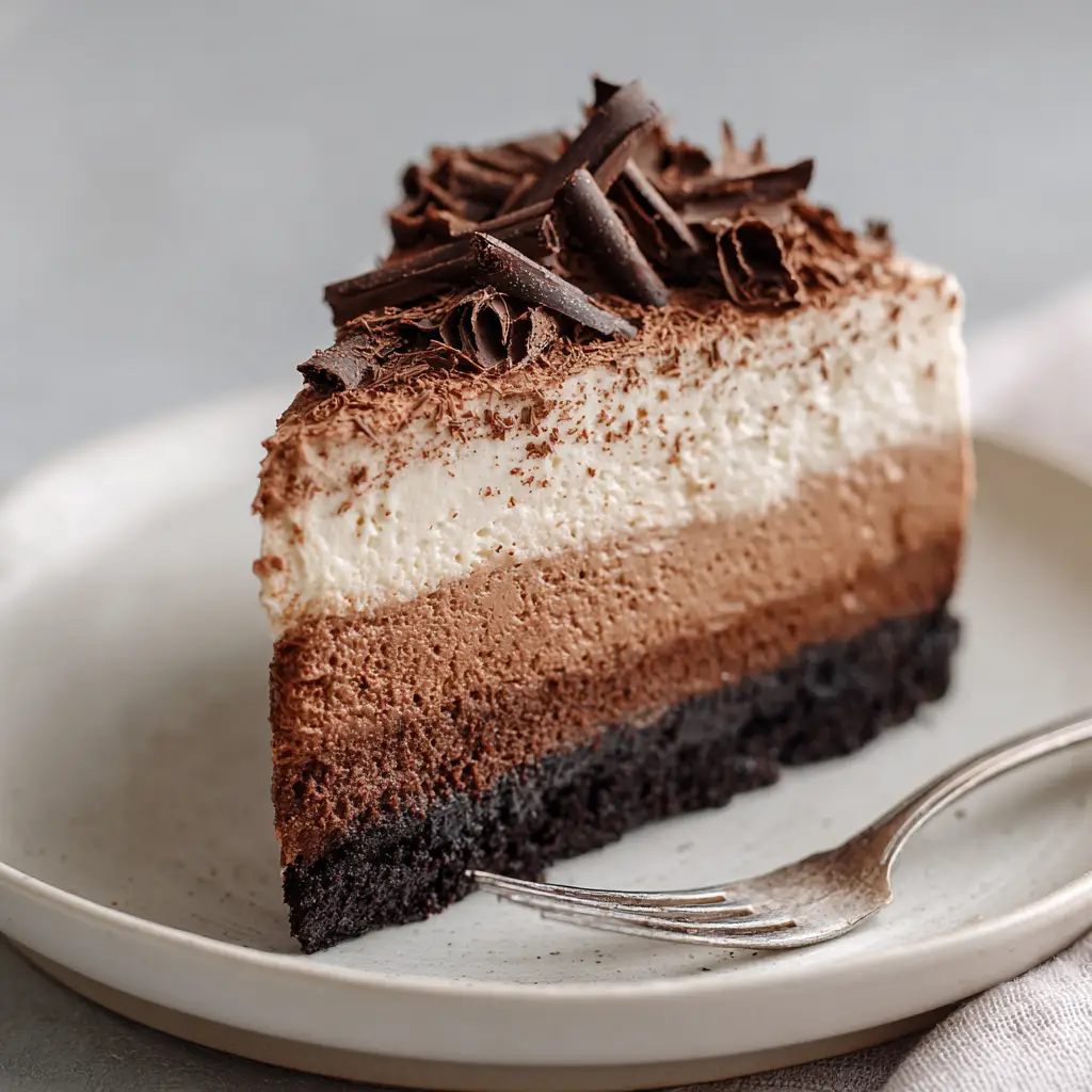 Decadent Triple Chocolate Cheesecake Recipe 1 Detail shot highlighting the thick, airy milk chocolate mousse topped with dusted cocoa powder and delicate chocolate shavings.
