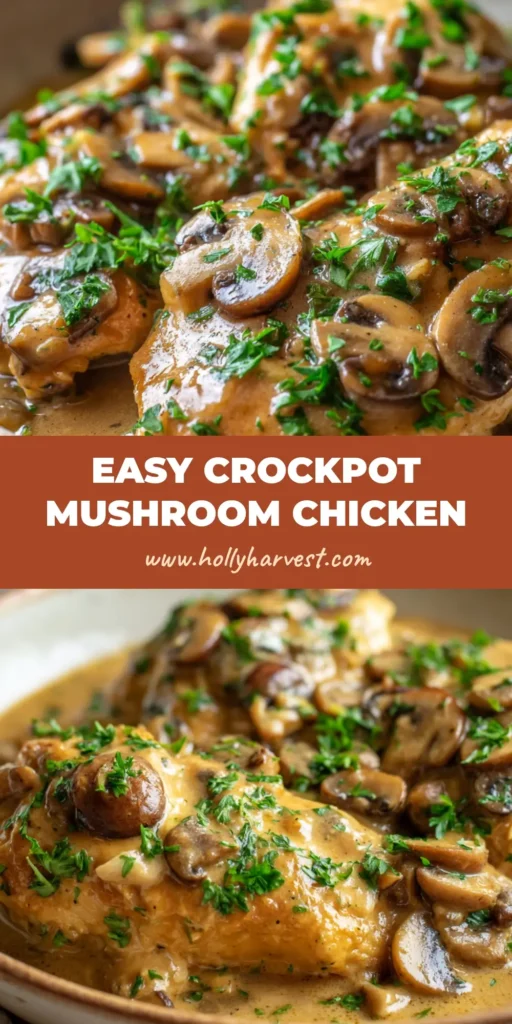 A close-up shot of slow cooker mushroom chicken served in a shallow rustic ceramic bowl, smothered in creamy gravy.