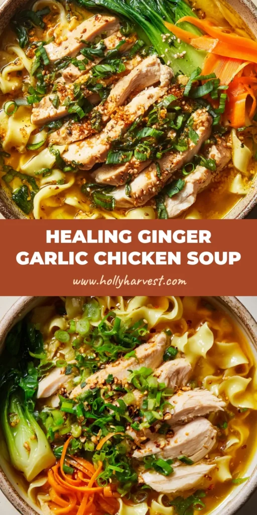 A rustic ceramic bowl filled with Ginger Garlic Chicken Noodle Soup, featuring thick wavy egg noodles, sliced poached chicken, julienned carrots, bok choy, and a clear golden broth topped with scallions and sesame oil.