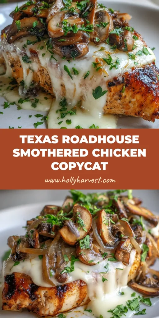 A plate of Texas Roadhouse Smothered Chicken topped with sauteed mushrooms, caramelized onions, and melted Monterey Jack cheese.