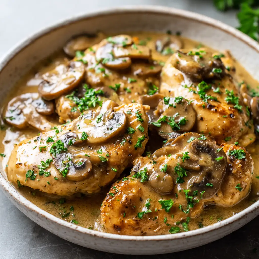 Spoon pouring thick, rich, glossy light brown creamy mushroom gravy over tender chicken breasts.