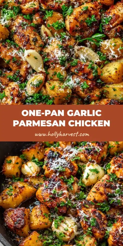 A rustic dark skillet filled with Garlic Parmesan Chicken and Potatoes, garnished with fresh parsley and parmesan flakes.