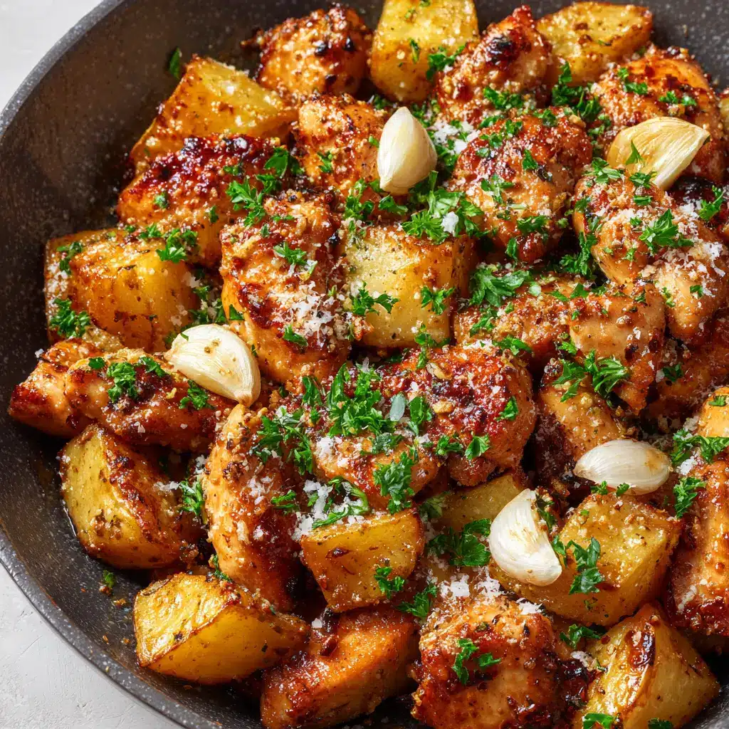 A glossy garlic parmesan glaze poured over chicken and potatoes in a cast iron skillet with whole roasted garlic cloves.