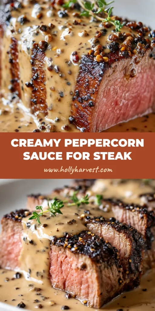 A perfectly seared medium-rare beef steak generously smothered in a thick, velvety light-brown creamy peppercorn sauce.