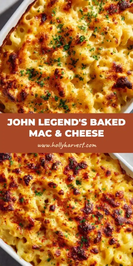 The Ultimate John Legend Mac and Cheese Recipe 3 A bubbling, hot John Legend Mac and Cheese with a golden-brown sharp cheddar crust, red paprika, and dried green parsley flakes baked in a rectangular white ceramic dish.