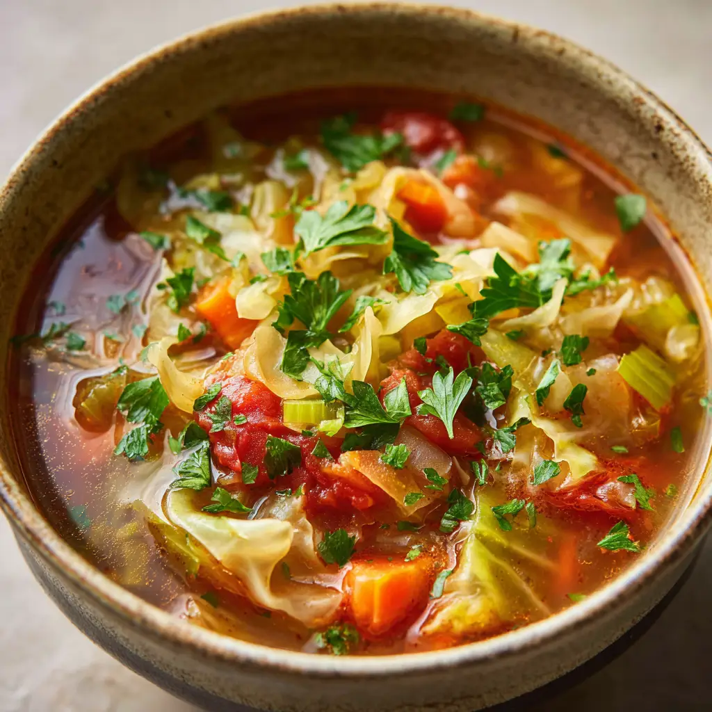 A simmering Dutch oven filled with a thin reddish tomato broth, featuring rich oil droplets and soft, translucent cooked shredded green cabbage.
