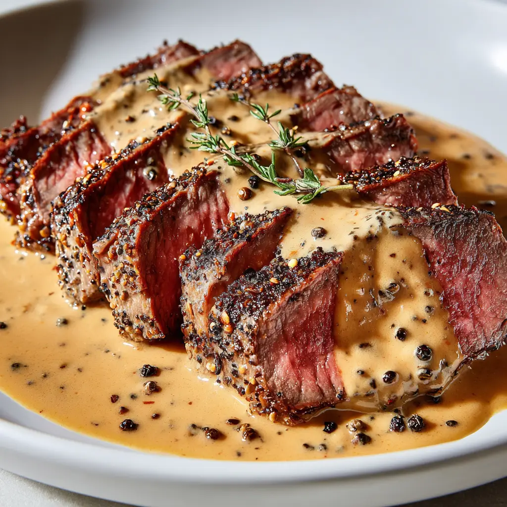 Sliced steak on a white ceramic plate covered in velvety peppercorn sauce, garnished with a sprig of fresh thyme.