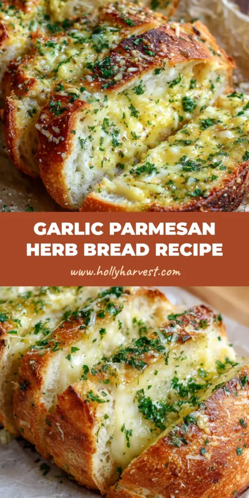 Thick slices of Garlic Parmesan Herb Bread slathered in shiny yellow garlic butter, topped with melted browned Parmesan, fresh parsley, and coarse sea salt, resting on crinkled parchment over a wooden board.