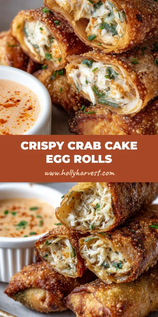 A stack of deep-fried Crab Cake Egg Rolls sliced diagonally, revealing a dense flaky white crab meat filling.
