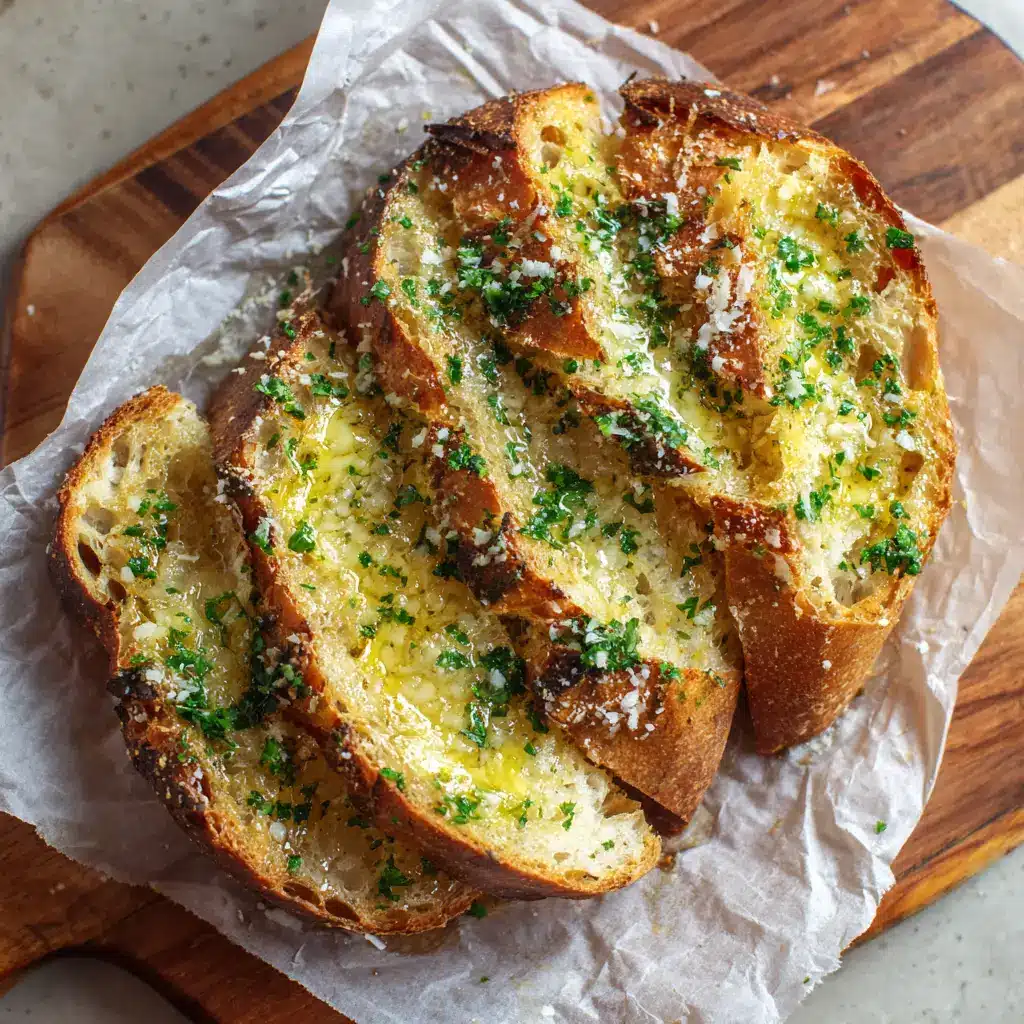 Slices of artisan bread generously slathered with shiny melted yellow garlic butter and thick layers of grated Parmesan cheese before baking.