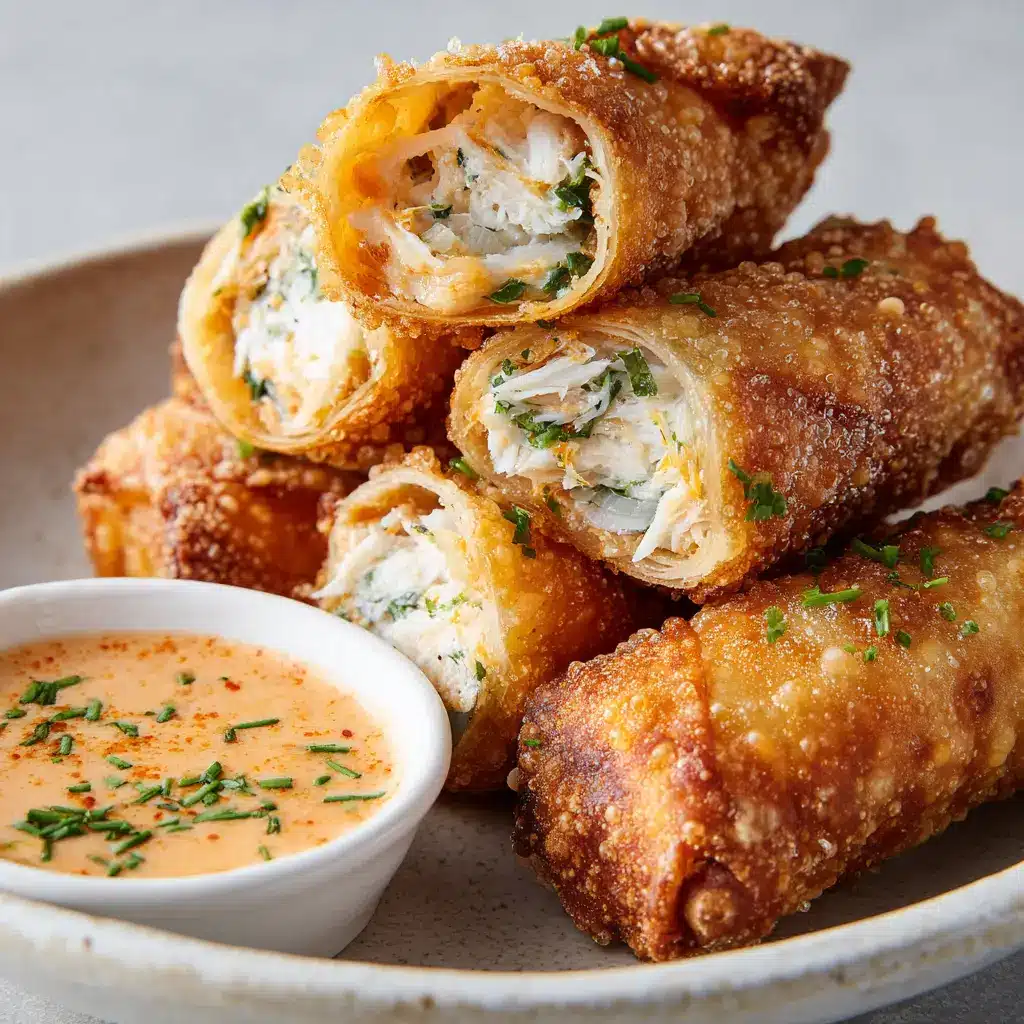 Close up of flaky white crab meat and breadcrumb filling with subtle flecks of green herbs inside a crispy egg roll wrapper.