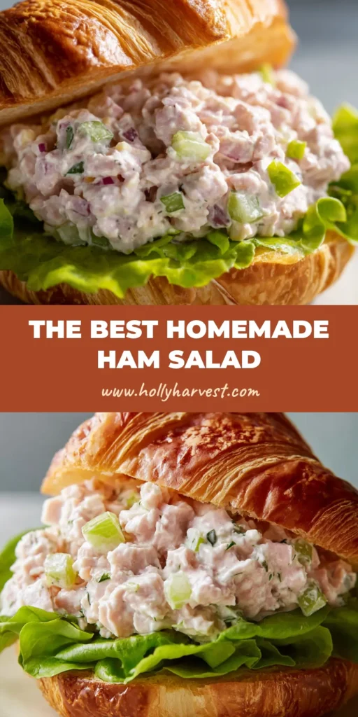 A close-up of a classic Homemade Ham Salad sandwich on a lightly toasted buttery croissant, topped with crisp butter lettuce and a generous scoop of creamy minced pink ham mixed with glossy mayonnaise, pale green celery, and tiny sweet pickle relish flecks.