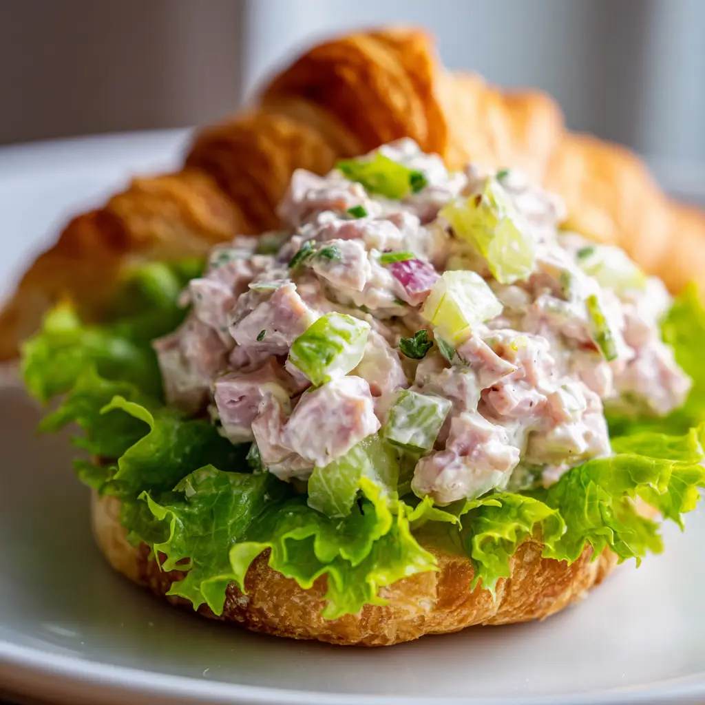 A large mixing bowl showing creamy minced pink ham folded into a glossy mayonnaise-based dressing with pale green celery and sweet pickle relish.