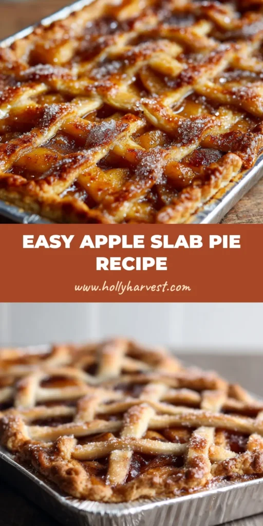 A freshly baked rectangular Apple Slab Pie inside a silver aluminum baking sheet pan with a golden-brown lattice crust and coarse sparkling sugar.