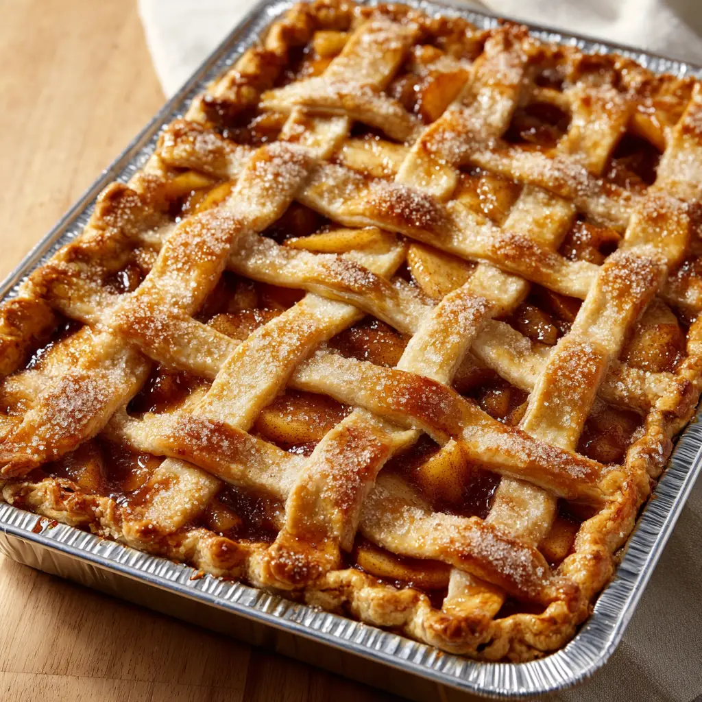 Close up of the golden-brown, buttery lattice pie crust sprinkled with visible coarse sparkling sugar on the Apple Slab Pie.