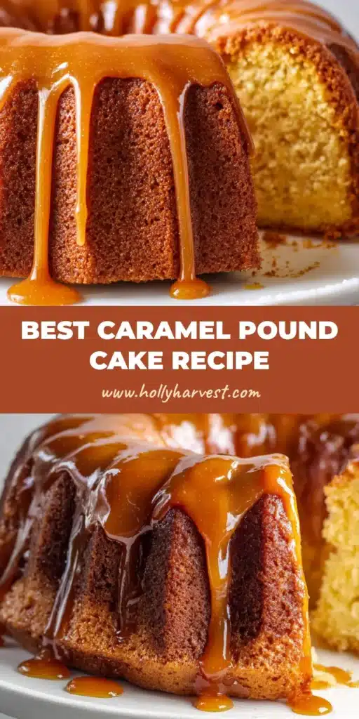 A close-up of a perfectly baked Brown Sugar Caramel Pound Cake with a thick, glossy, amber-colored caramel icing dripping down the sides, revealing a dense, moist, buttery yellow crumb.